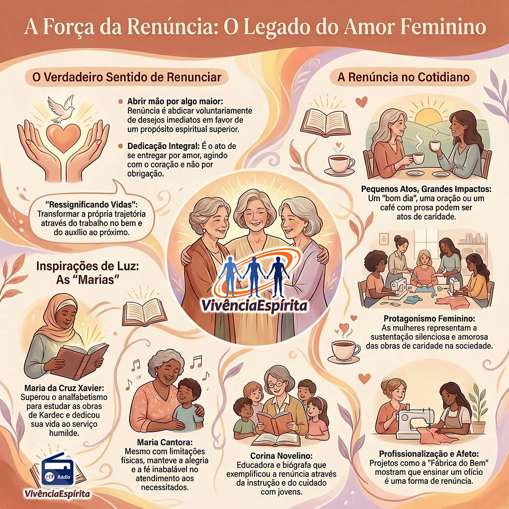 A Renúncia na Vida das Mulheres com Valéria Plaisant - Vivencia Espirita - 1150 Valeria infografico - Ep. 1150